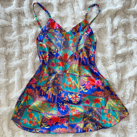 Vintage Fredricks of Hollywood Satin Mini Slip Dress – Floral Patchwork Print - Picture 5 of 7